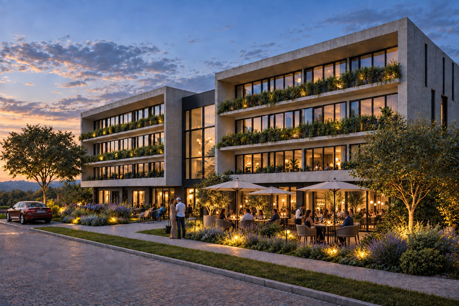 Green al atardecer, con el local gastronómico y su terraza