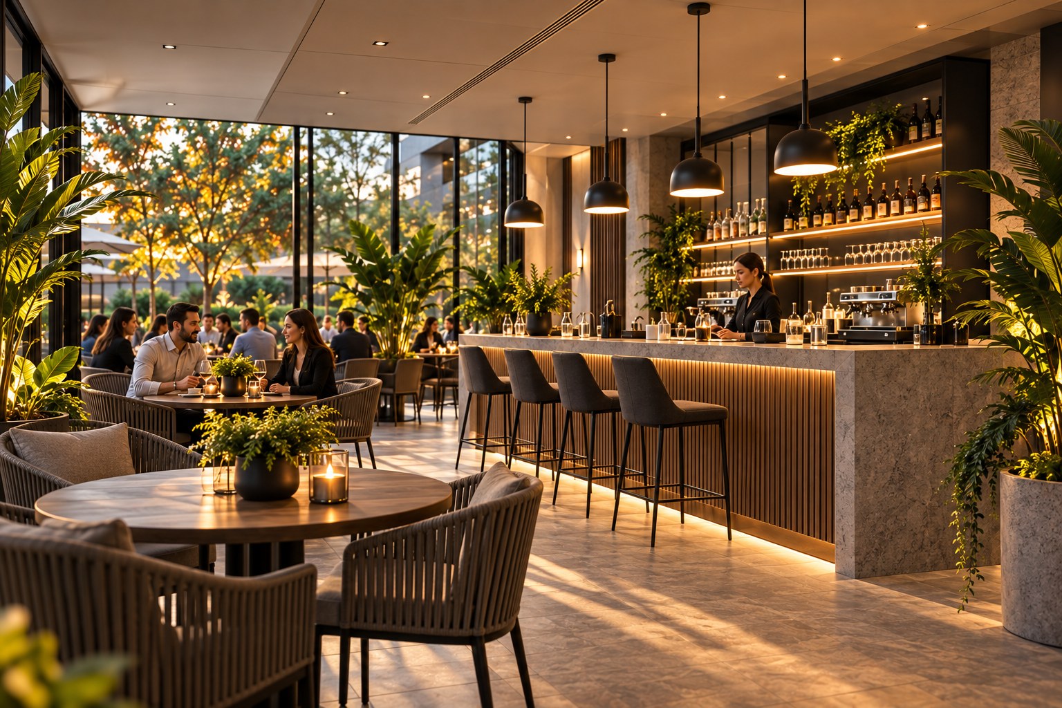 Café de autor con barra, mesas y vista al jardín