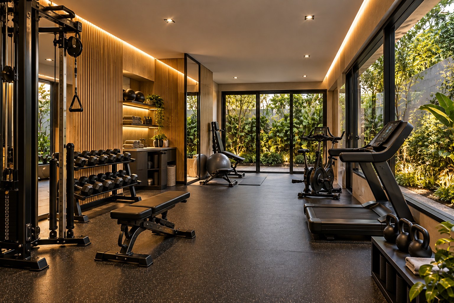 Wellness gym con equipamiento y vista al jardín