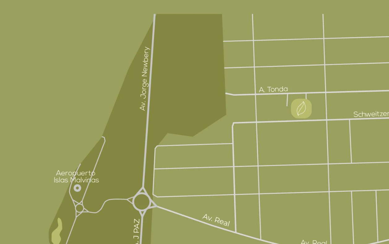 Mapa de ubicación entre Av. Jorge Newbery, A. Tonda y Schweitzer, cerca del Aeropuerto Islas Malvinas